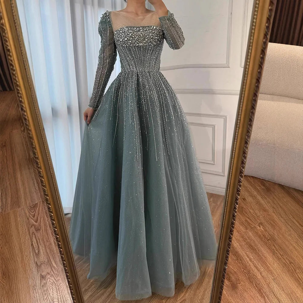 Luxury Caramel Sparkly A-Line Evening Dress with Long Sleeves LA72991 - SERENE HILL