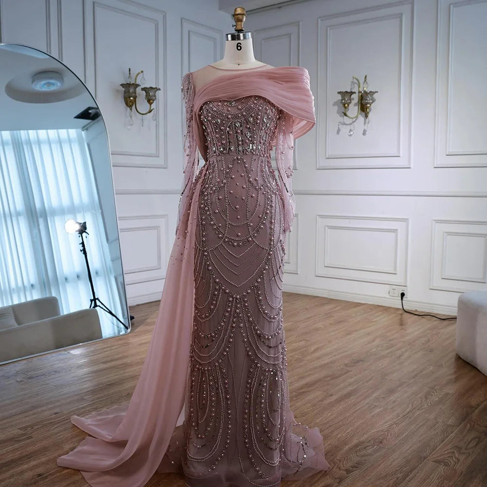 Luxury Designer Nude Crystal Mermaid Evening Dress with Overskirt LA72348 - SERENE HILL