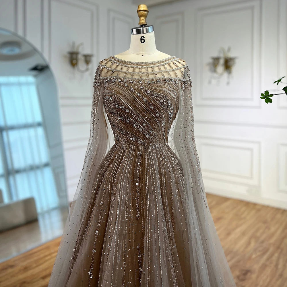 Luxury Caramel Beaded Evening Dress with Cape LA72994 - SERENE HILL