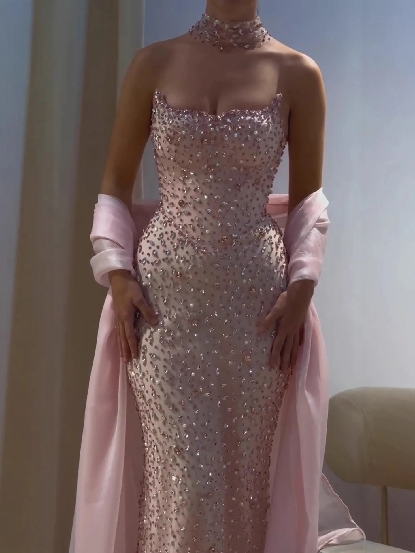 Luxury Pink Diamond Evening Dress with Cape Gown for Wedding Party LA73225 - SERENE HILL