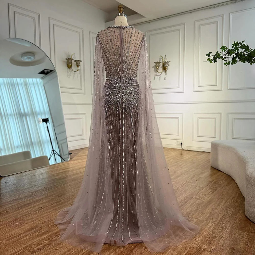 Luxury Nude Beaded Evening Dress with Cape Sleeves LA72575C - SERENE HILL