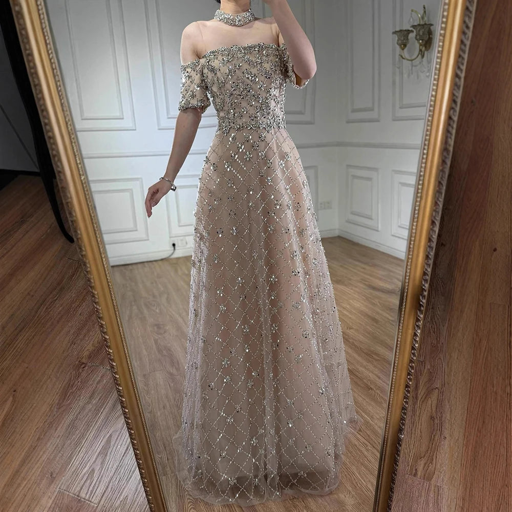Luxury Nude Sliver Off Shoulder Beaded Crystal A-Line Evening Dress LA73122 - SERENE HILL