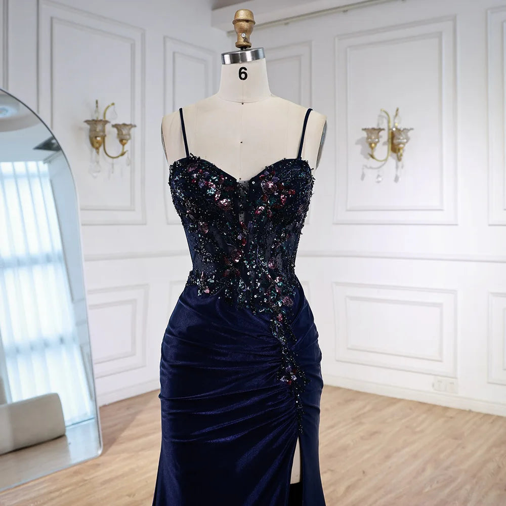 Classy Navy Satin Prom Dress with Lace Beaded and Slit LA73003 - SERENE HILL