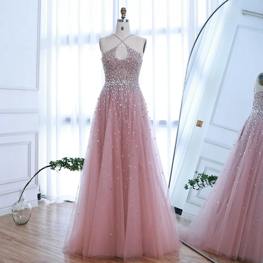 Caramel Halter Beaded Tulle A-Line Evening Gown Dubai Saudi LA72863 - SERENE HILL