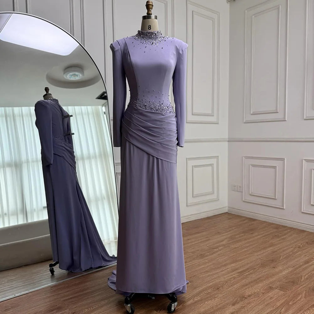 Luxury Muslim Modest Lilac Beaded Long Sleeve Evening Dress LA73093 - SERENE HILL