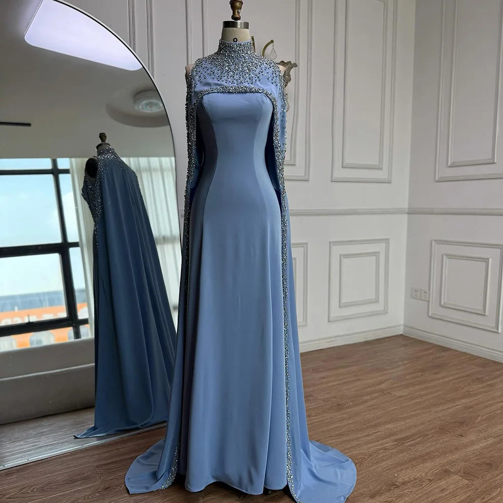 Elegant High Neck Evening Dress with Crystals and Long Cape LA73068 - SERENE HILL