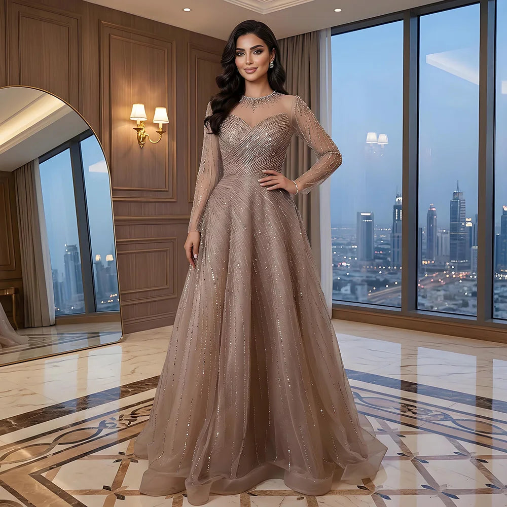 Luxury Dubai Caramel Crystal Beaded A-Line Evening Gown LA72563A - SERENE HILL
