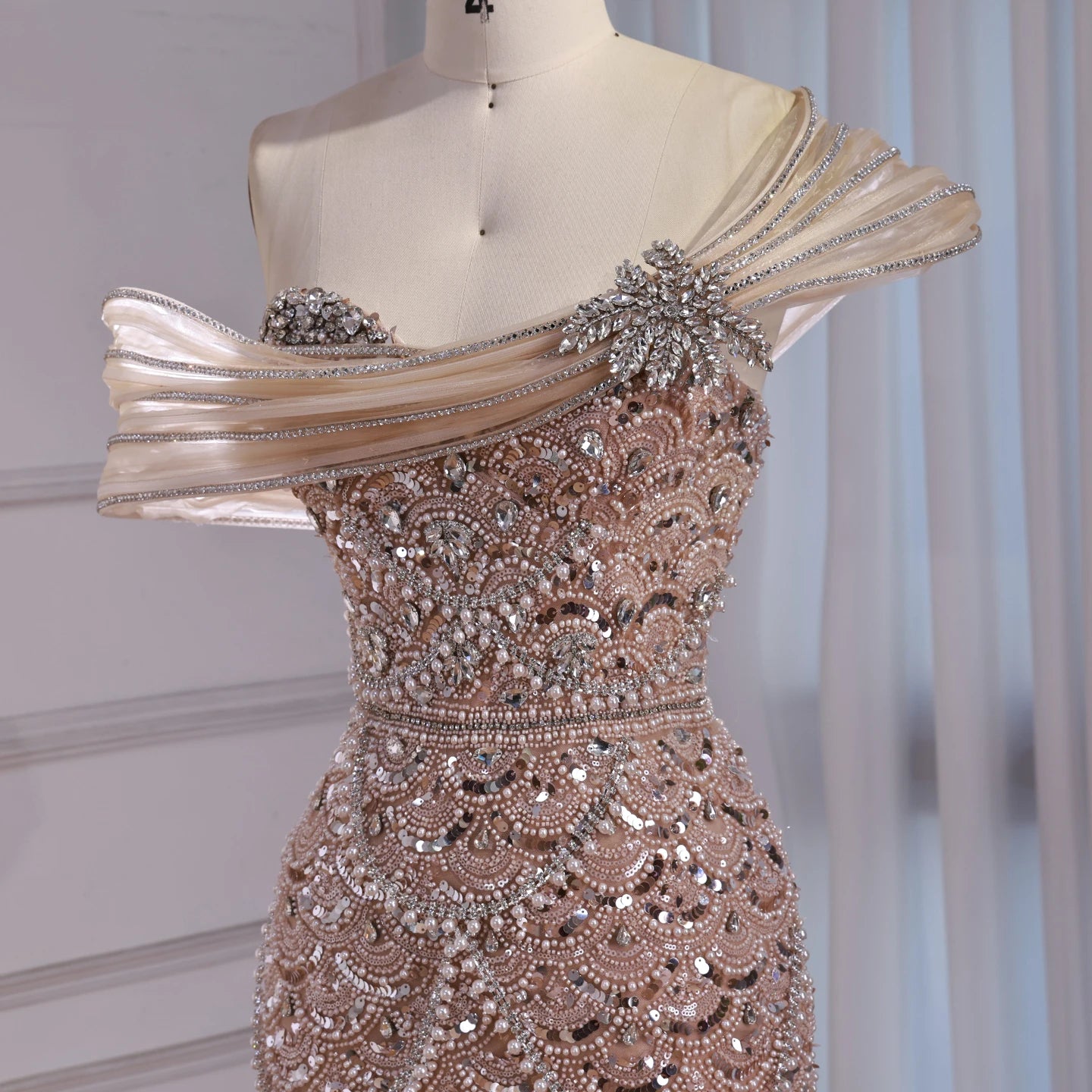 Luxury Nude Beaded Off Shoulder Mermaid Evening Dress LA73365A - SERENE HILL