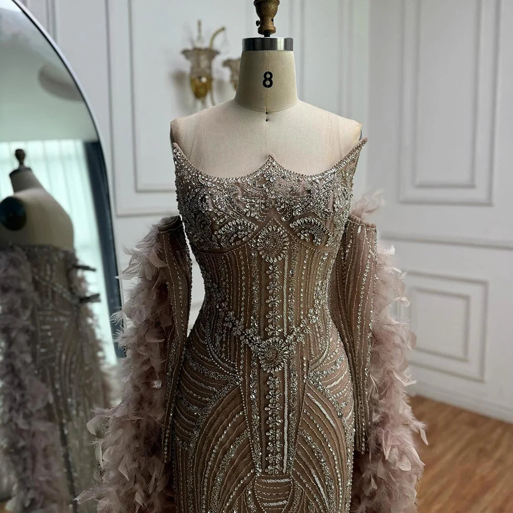 Luxury Caramel Beaded Evening Dress with Feather Sleeves LA73055 - SERENE HILL