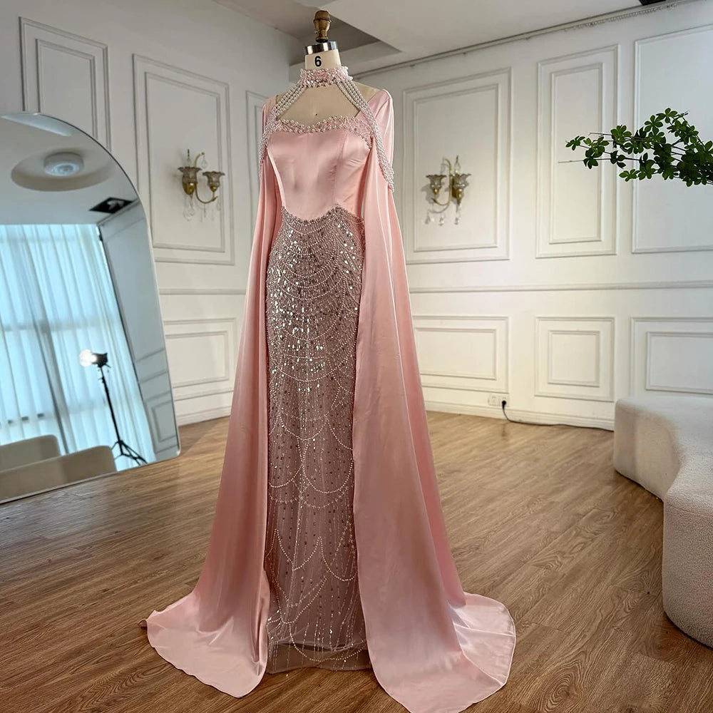 Luxury Arabic Pearls Pink Evening Dress with Cape LA73051 - SERENE HILL