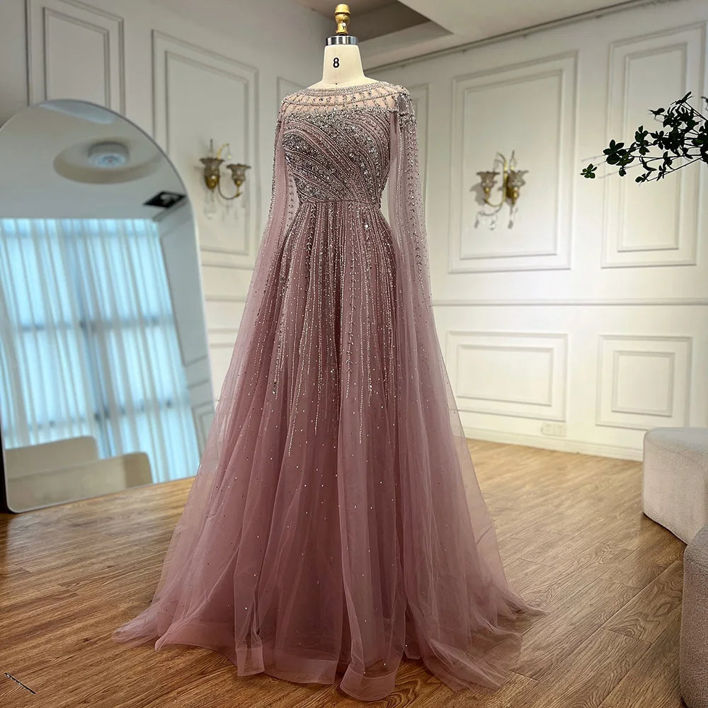 Luxury Caramel Beaded Evening Dress with Cape LA72994 - SERENE HILL