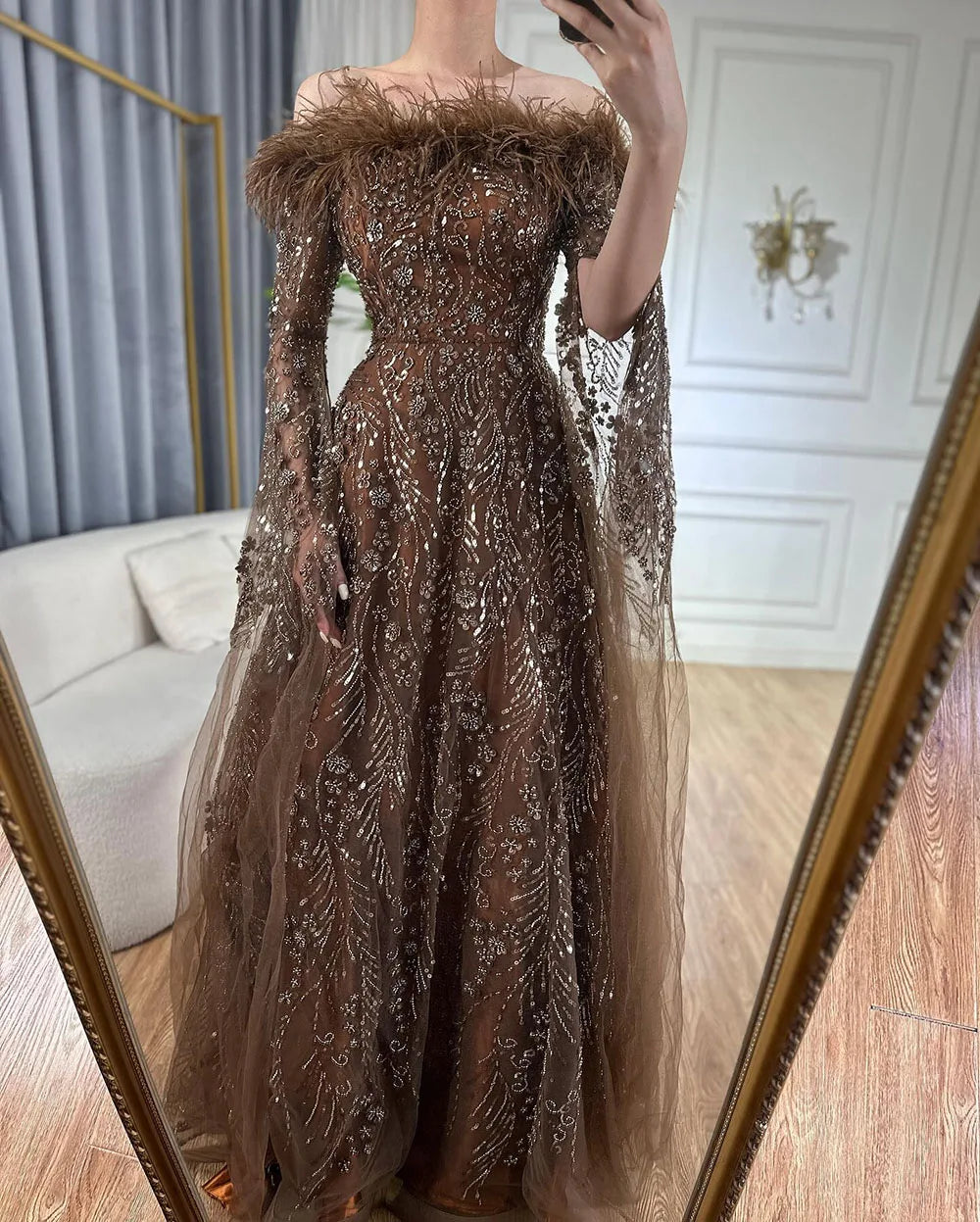 Off Shoulder Feathers Brown Evening Dress with Cape Sleeves LA72401 - SERENE HILL