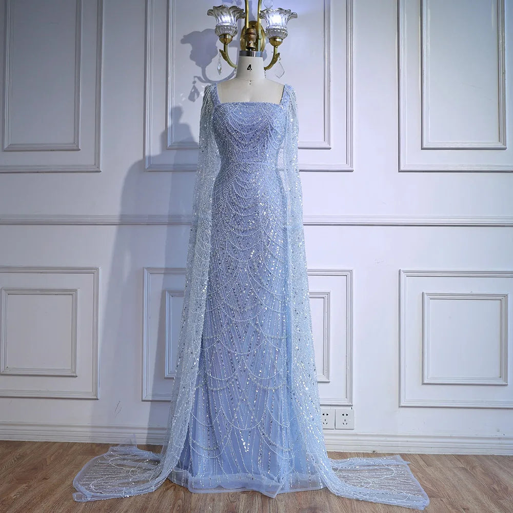 Luxury Turquoise Beaded Pearl Arabic Evening Dress with Cape Sleeves LA72590 - SERENE HILL