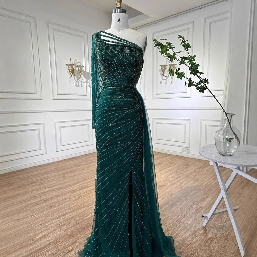 On Sale no return no refund Serene Hill Green One Shoulder Mermaid Split Open Evening Dresses Beaded Sexy Party Gowns 2025 For Women LA72046 - SERENE HILL