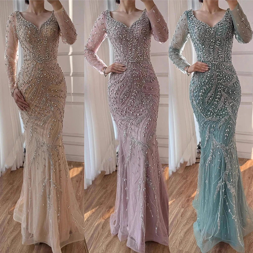 Luxury Muslim Nude Arabic Mermaid Beaded Evening Dress LA73191 - SERENE HILL