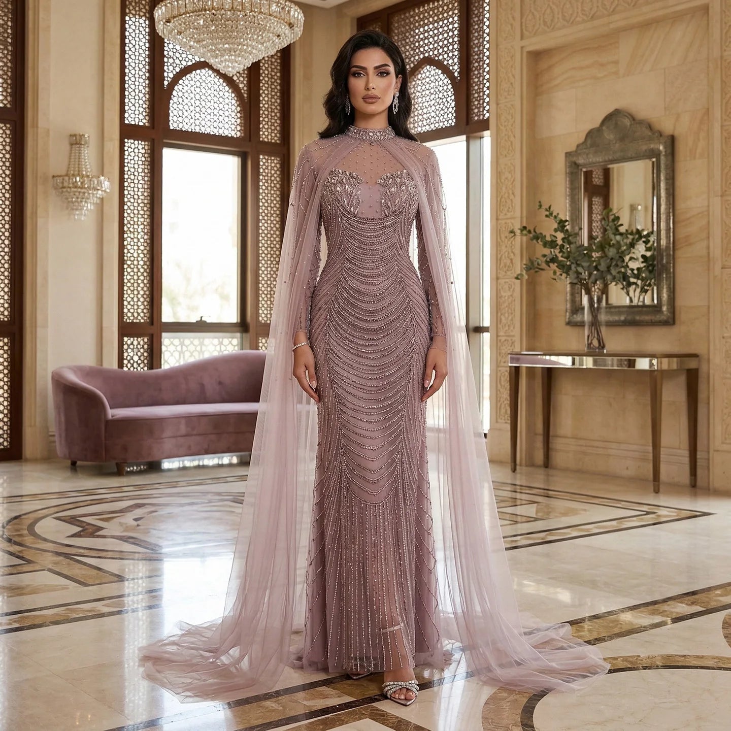 arabic evening gowns dresses Luxury Pink Beaded Cape Sleeve Dress LA73134 16 / Pink = _inches.5 jan1901 Multi-color Flroal 3D Lace Color:GOLD/ LILAC