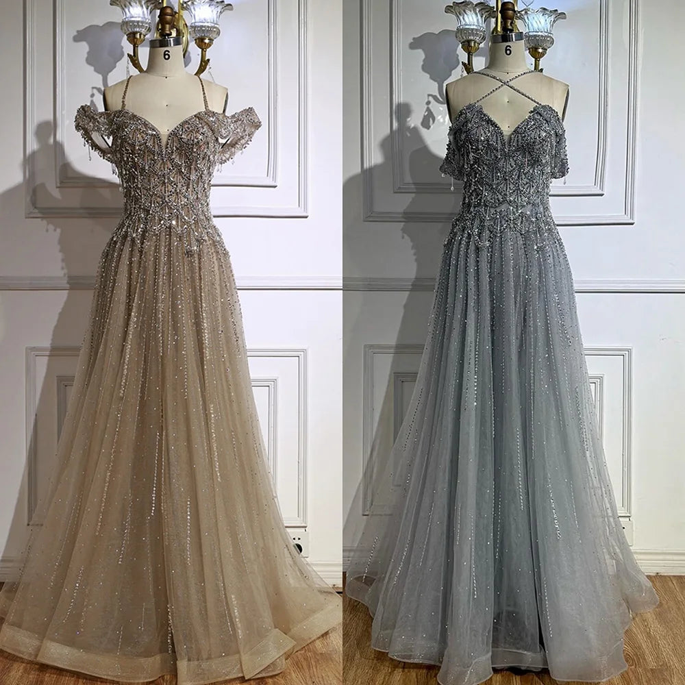 Luxury Arabic Caramel Off Shoulder Beaded A Line Evening Dress LA71606 - SERENE HILL
