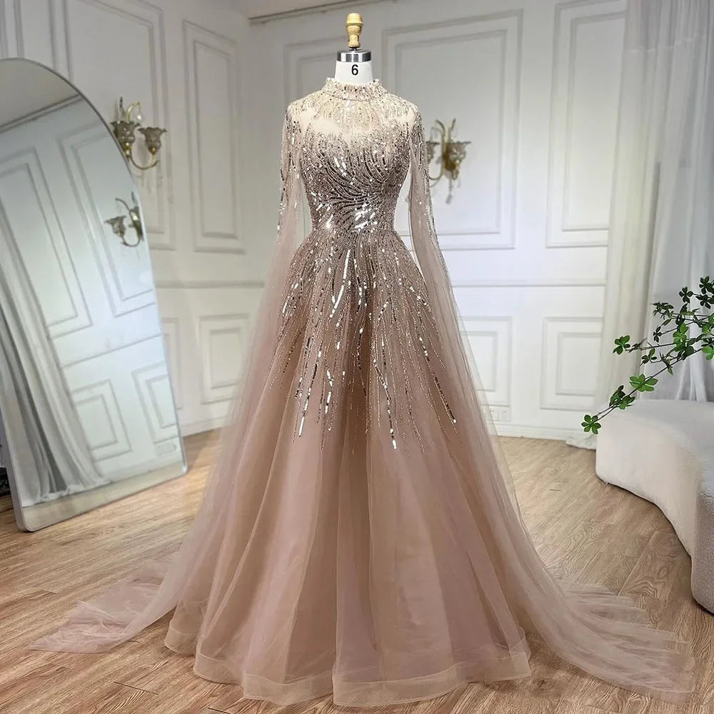 Luxury Caramel Beaded Lace A Line Evening Dress With Cape Sleeves LA72386 - SERENE HILL