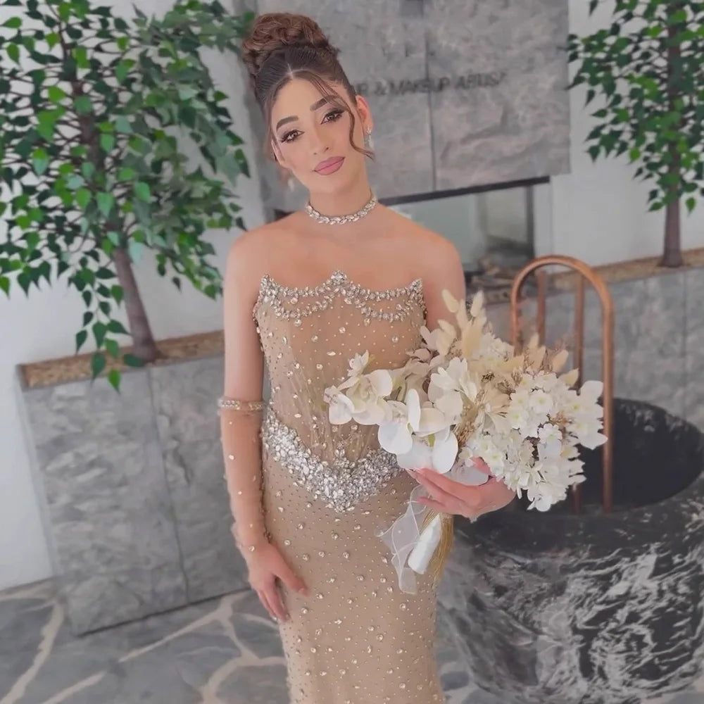 Luxury Nude Crystal Beaded Mermaid Evening Gown with Gloves LA73138 - SERENE HILL