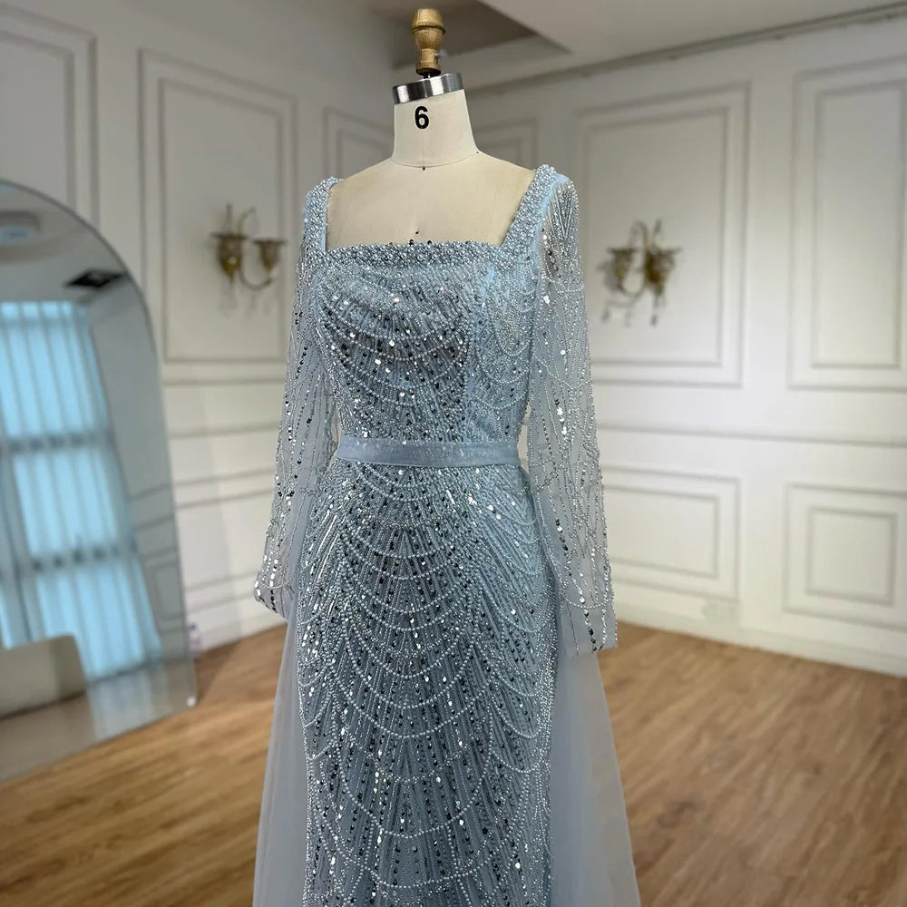 Blue Square Evening Dress With Long Sleeve Plus Size LA72032N - SERENE HILL