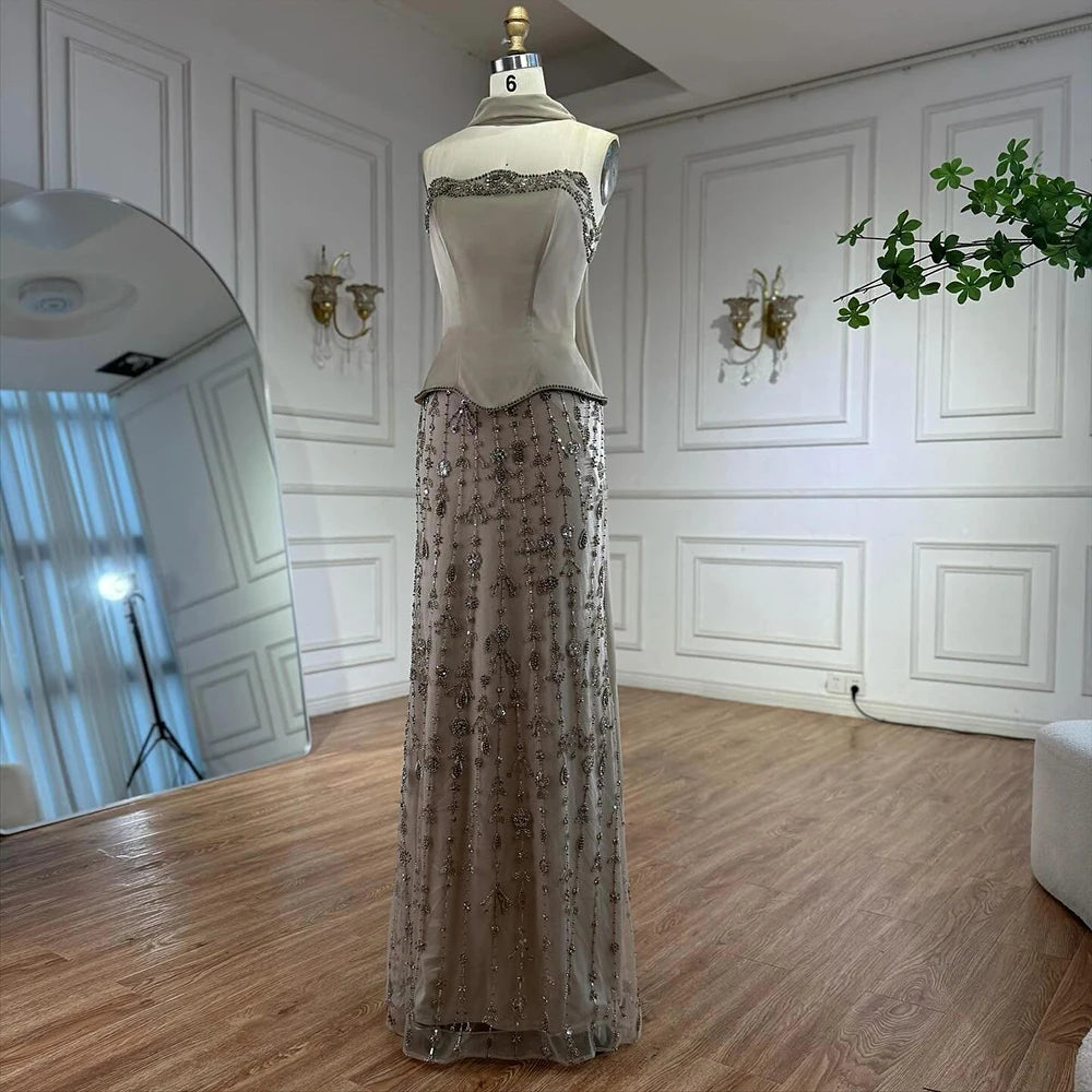 Luxury Caramel Satin Beaded Evening Dress with Bodice LA72805C - SERENE HILL