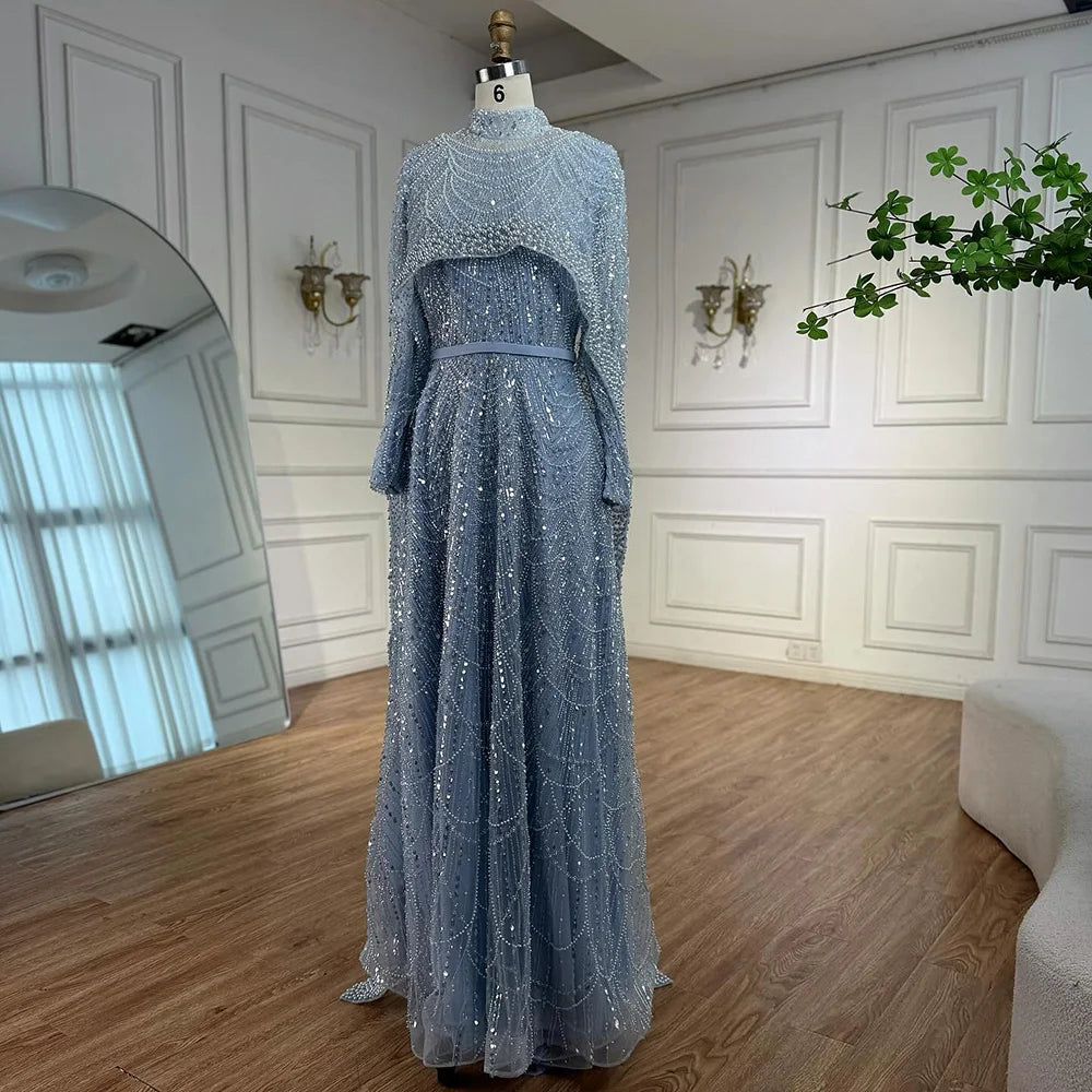 Luxury Modest Sage Green Evening Dress with Pearls LA72032B - SERENE HILL