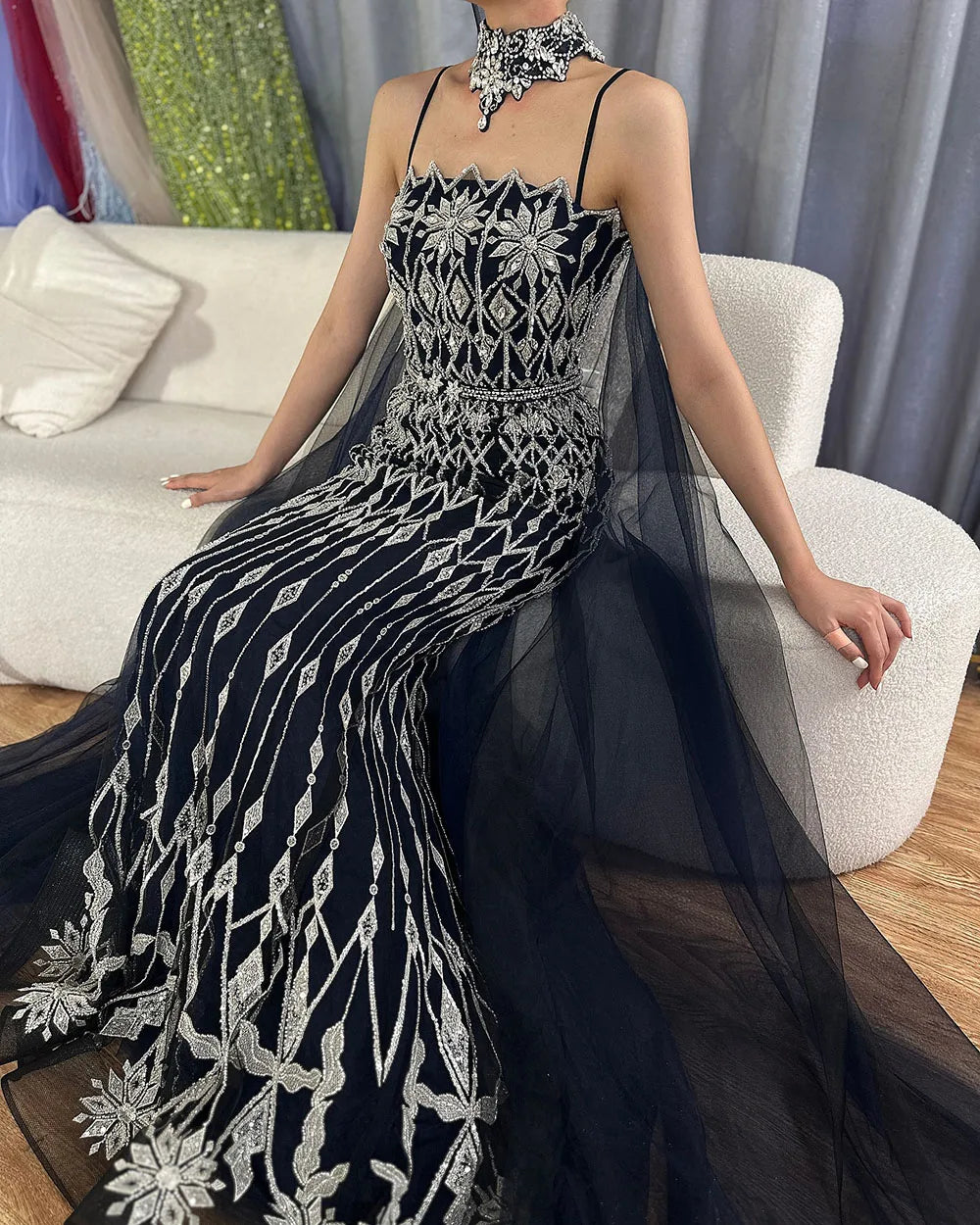 Luxury Nude Beaded Mermaid Evening Dress with Cape LA72711 - SERENE HILL