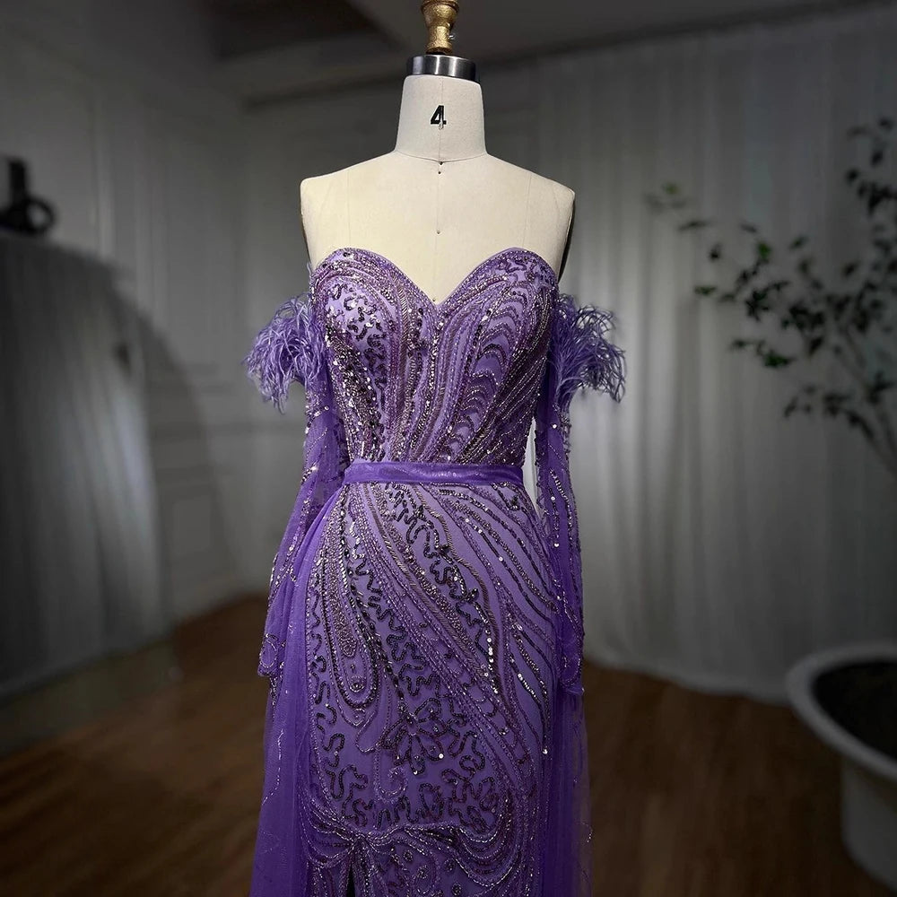 Luxury Arabic Nude Mermaid High Split Feather Beaded Evening Dress LA71910 - SERENE HILL