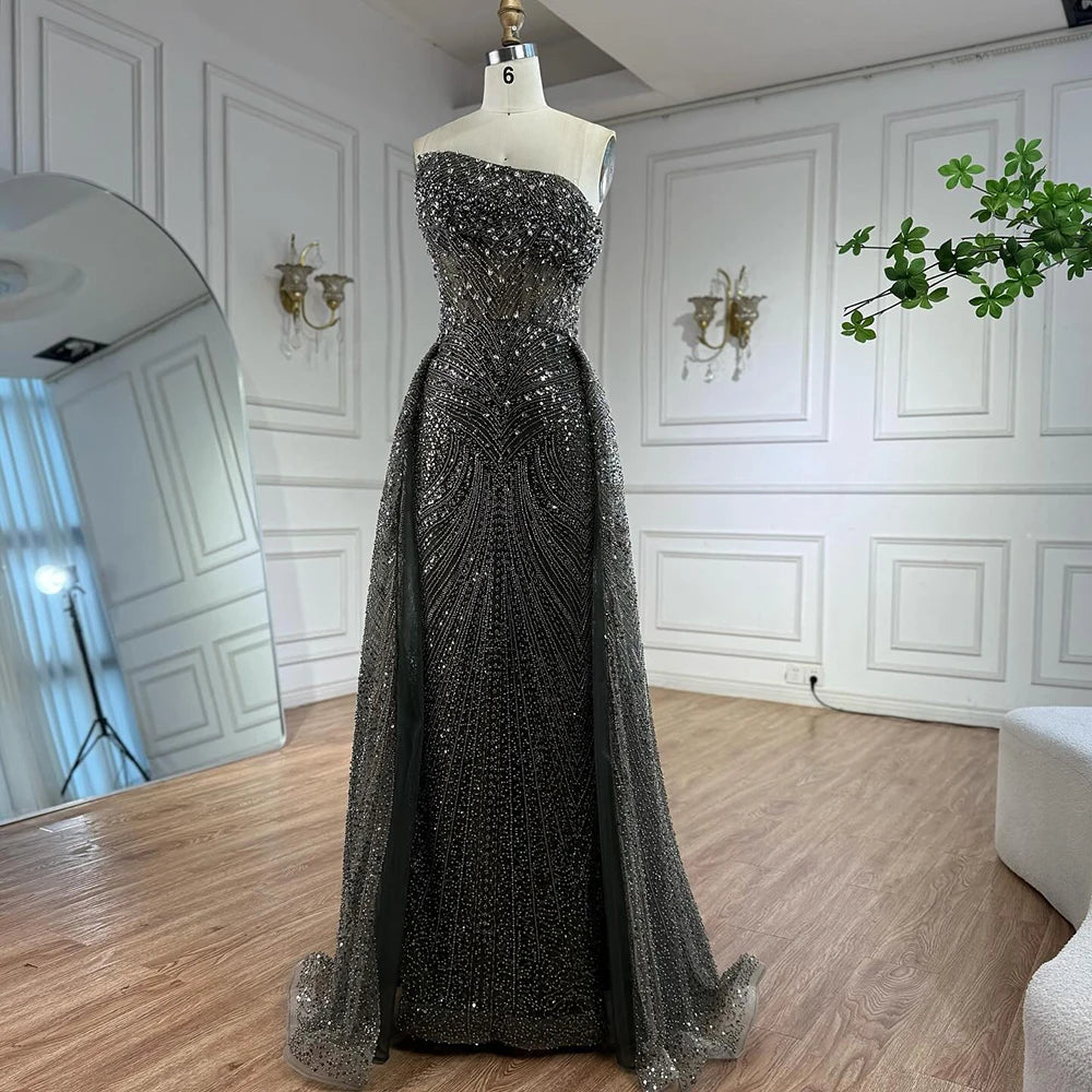 Luxury Olive Green Beaded Mermaid Evening Dress with Overskirt LA73164 - SERENE HILL