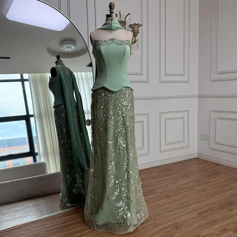 Luxury Sage Green Beaded Mermaid Evening Dress LA73050C - SERENE HILL