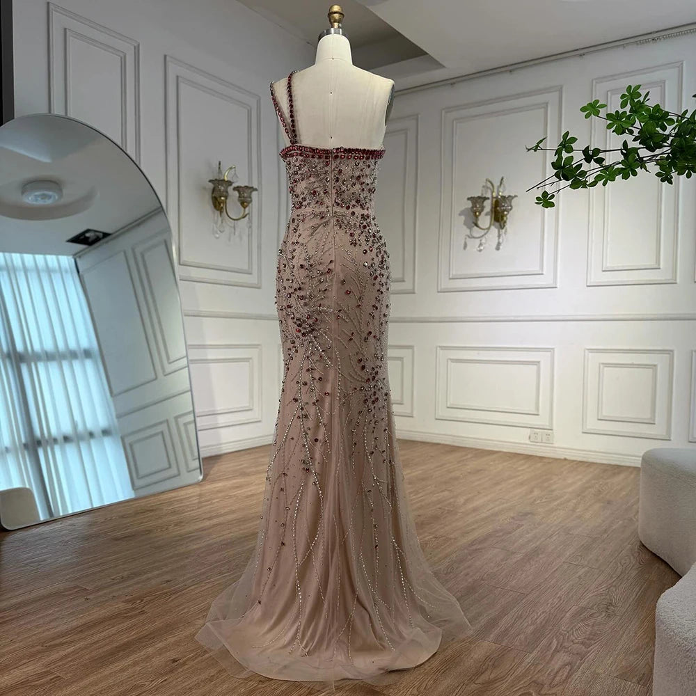 Luxury Red Saudi Arabic Crystal Beaded One Shoulder Evening Dress LA73135 - SERENE HILL