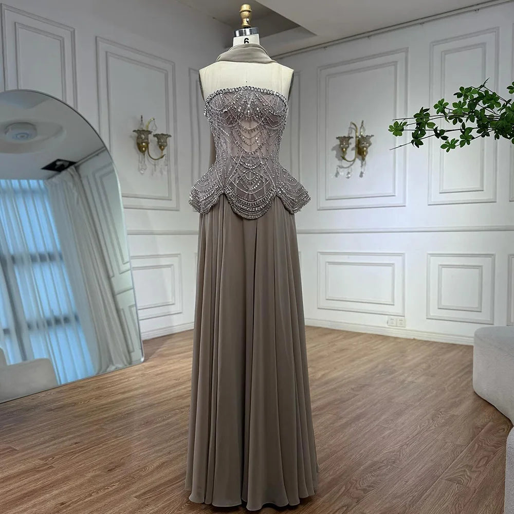 Luxury Designer Nude Beaded Chiffon Evening Dress LA72915 - SERENE HILL