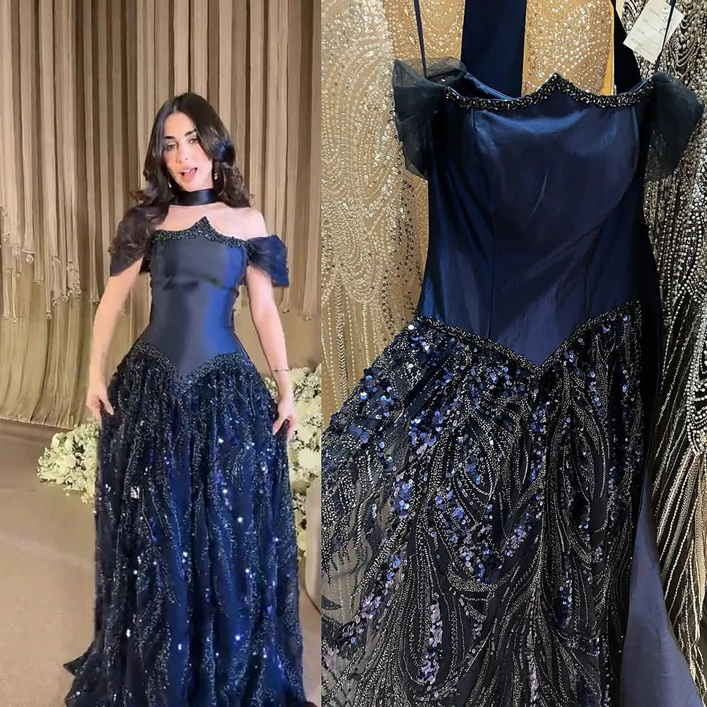 Luxury Arabic Navy A-Line Evening Dress with Beaded LA73050 - SERENE HILL