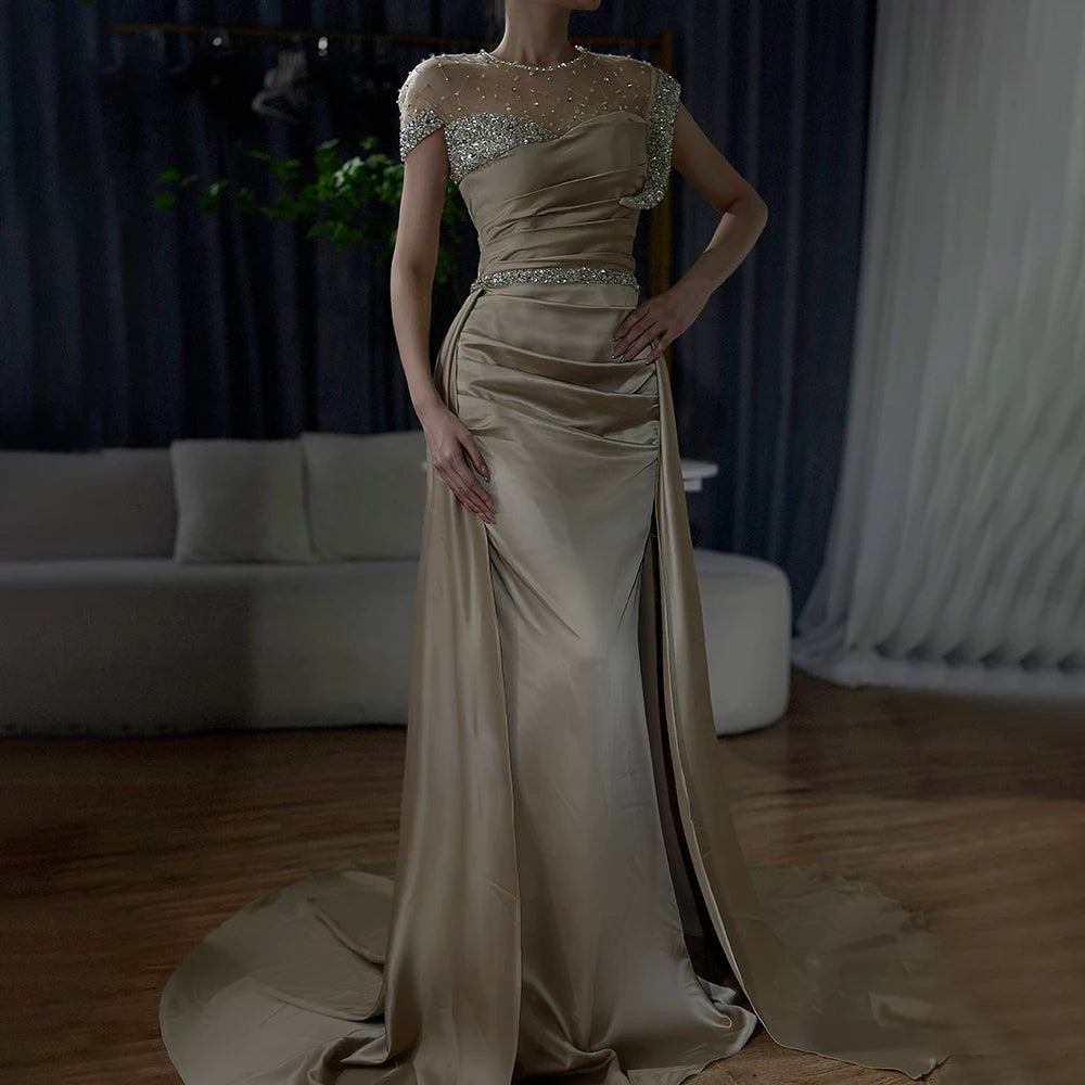 Serene Hill Arabic Nude Mermaid Elegant Satin With Overskirt Evening Dresses Gowns Luxury Beaded 2025 For Women Party LA71725 - SERENE HILL