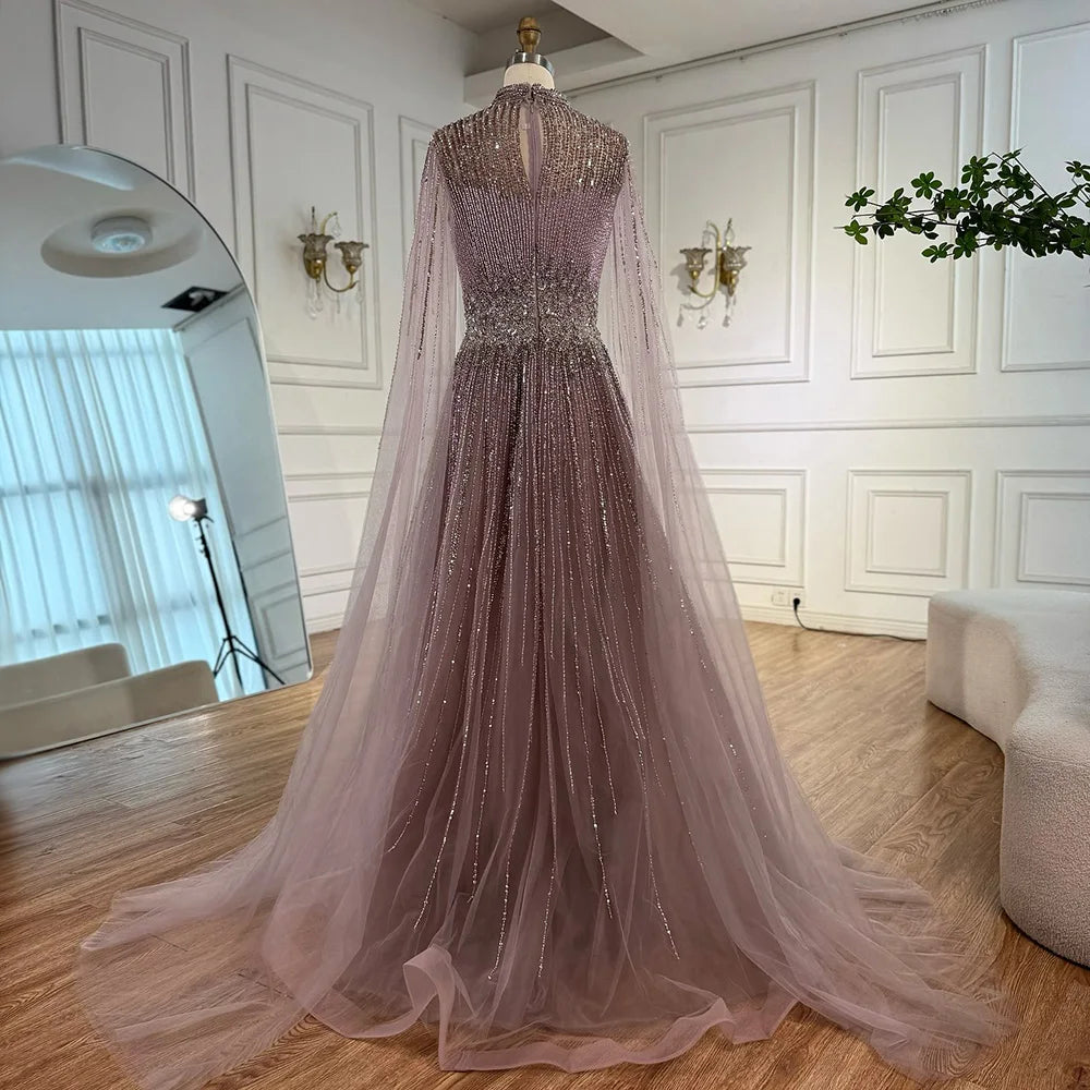 Luxury Modest Blue Beaded Evening Dress with Cape LA73059 - SERENE HILL