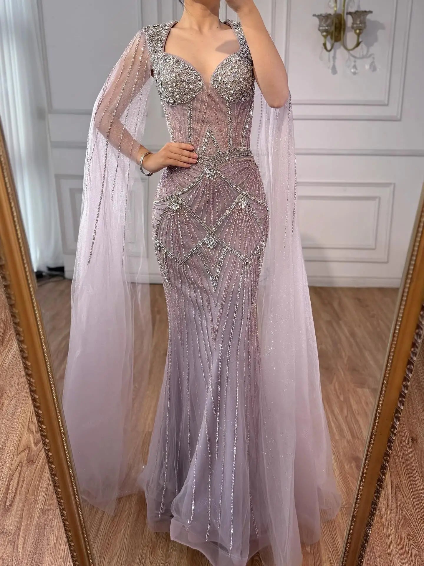 Luxury Dubai Pink Beaded Evening Dress With Cape LA73329 - SERENE HILL