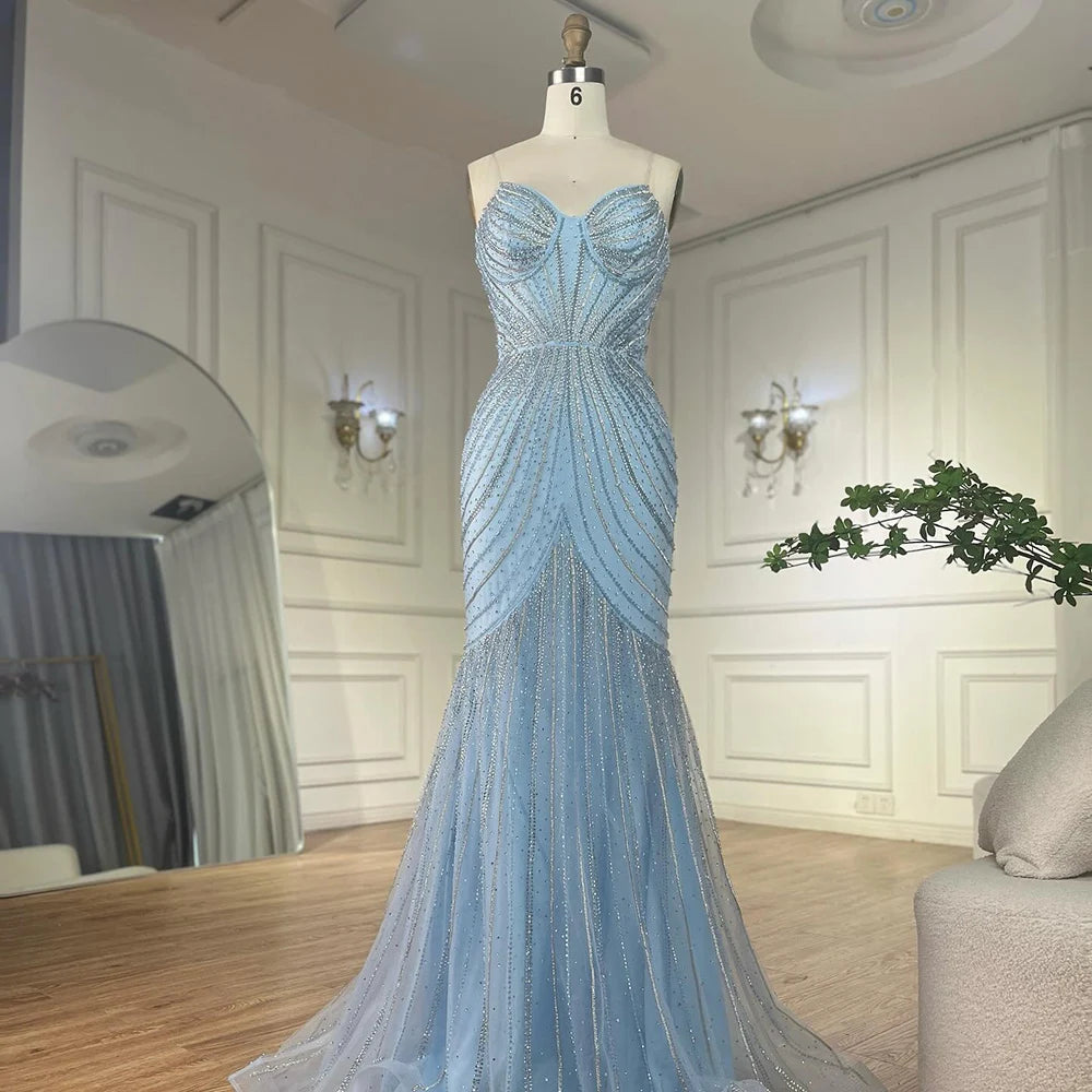 Luxury Blue Beaded Evening Gown with Detachable Cape LA72784 - SERENE HILL