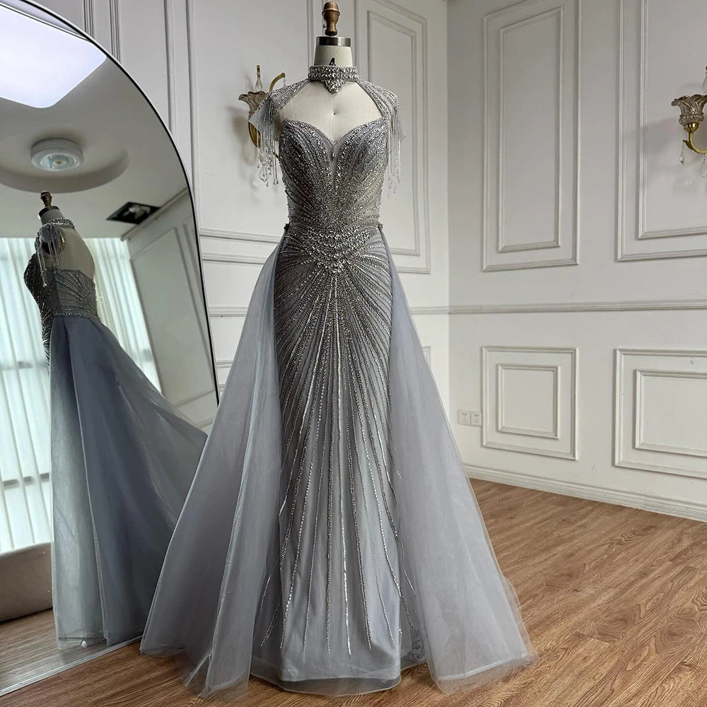 Luxury Nude Beaded Mermaid Evening Dress with Overskirt LA73182 - SERENE HILL