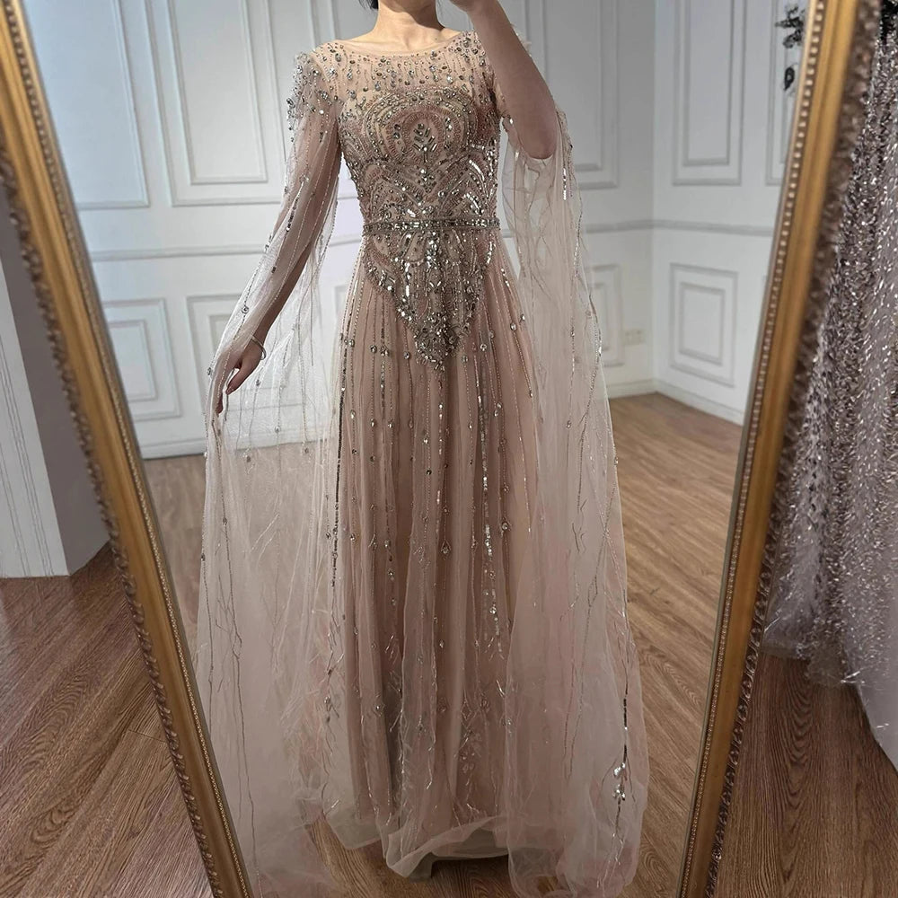 Luxury Designer Blue Beaded Stone Arabic Evening Dress With Cape Sleeve LA72635 - SERENE HILL