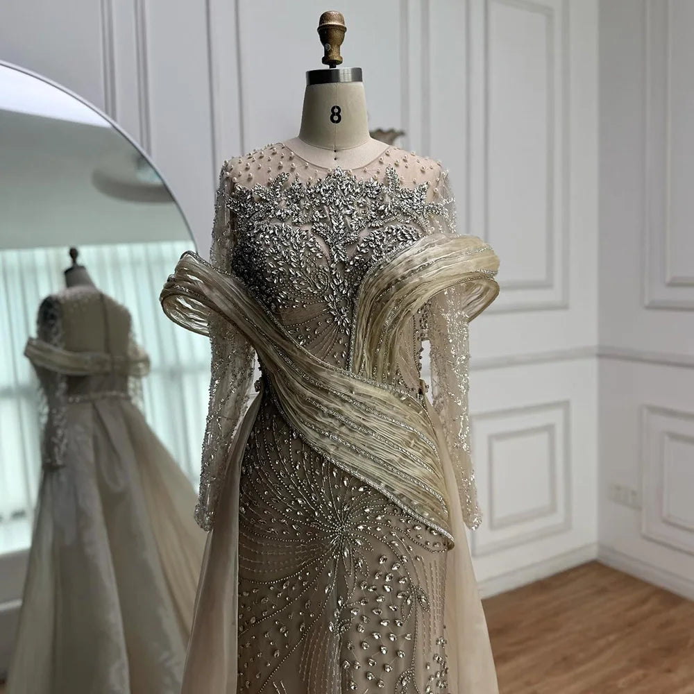 Luxury Nude Beaded Mermaid Evening Dress with Overskirt LA72932 - SERENE HILL