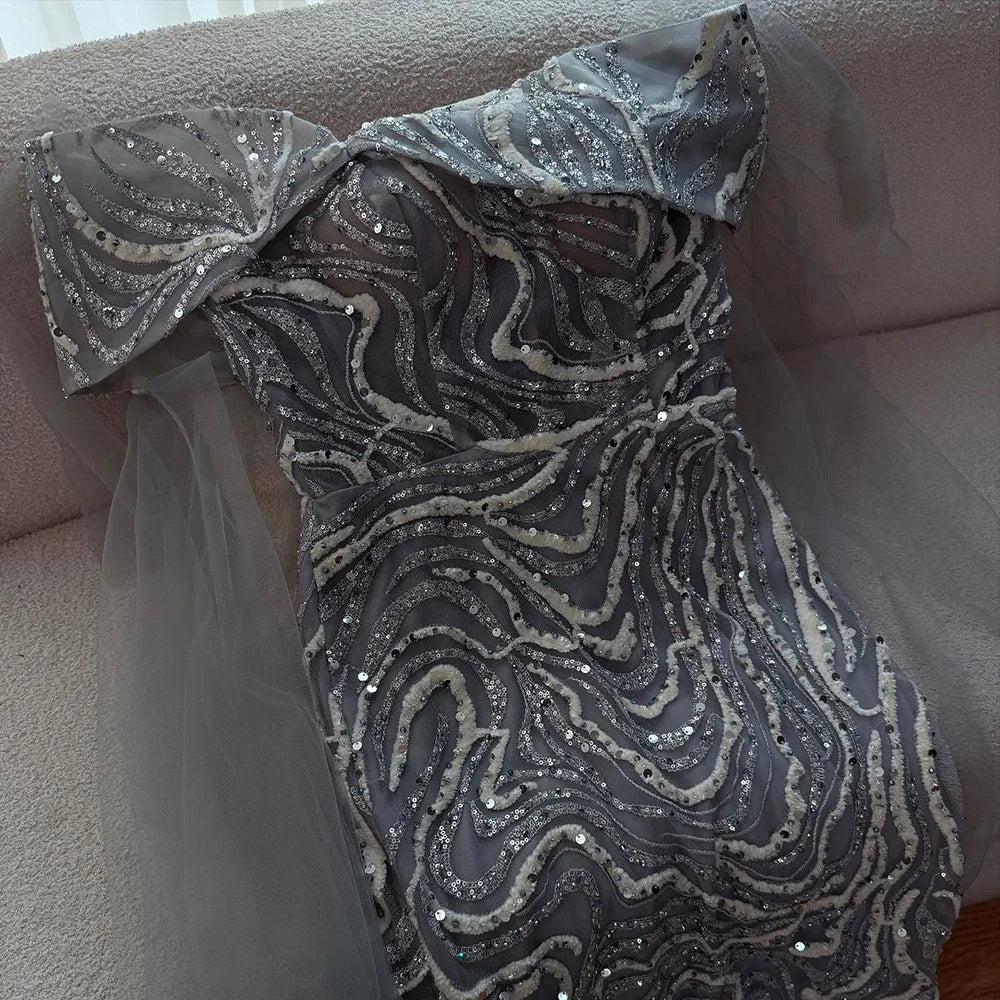 Luxury Gray Sequin Evening Dress with Cape Sleeves LA73125B - SERENE HILL