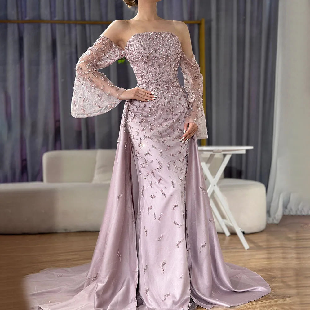 Dubai Luxury Blue Beaded Pearls Evening Gown with Overskirt LA72705 - SERENE HILL