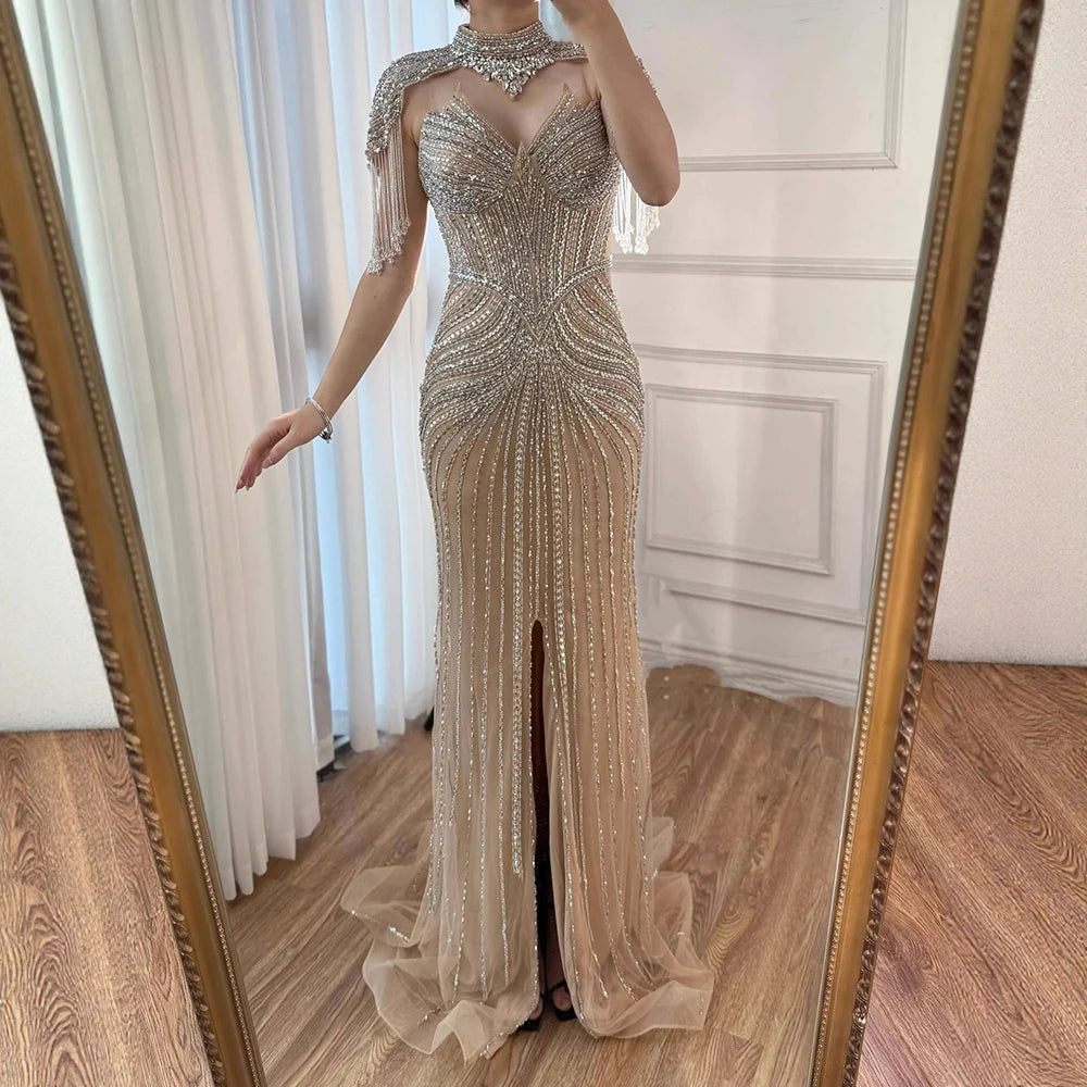 Nude Mermaid Evening Dress with Detachable High Neck Tassel LA72891A - SERENE HILL