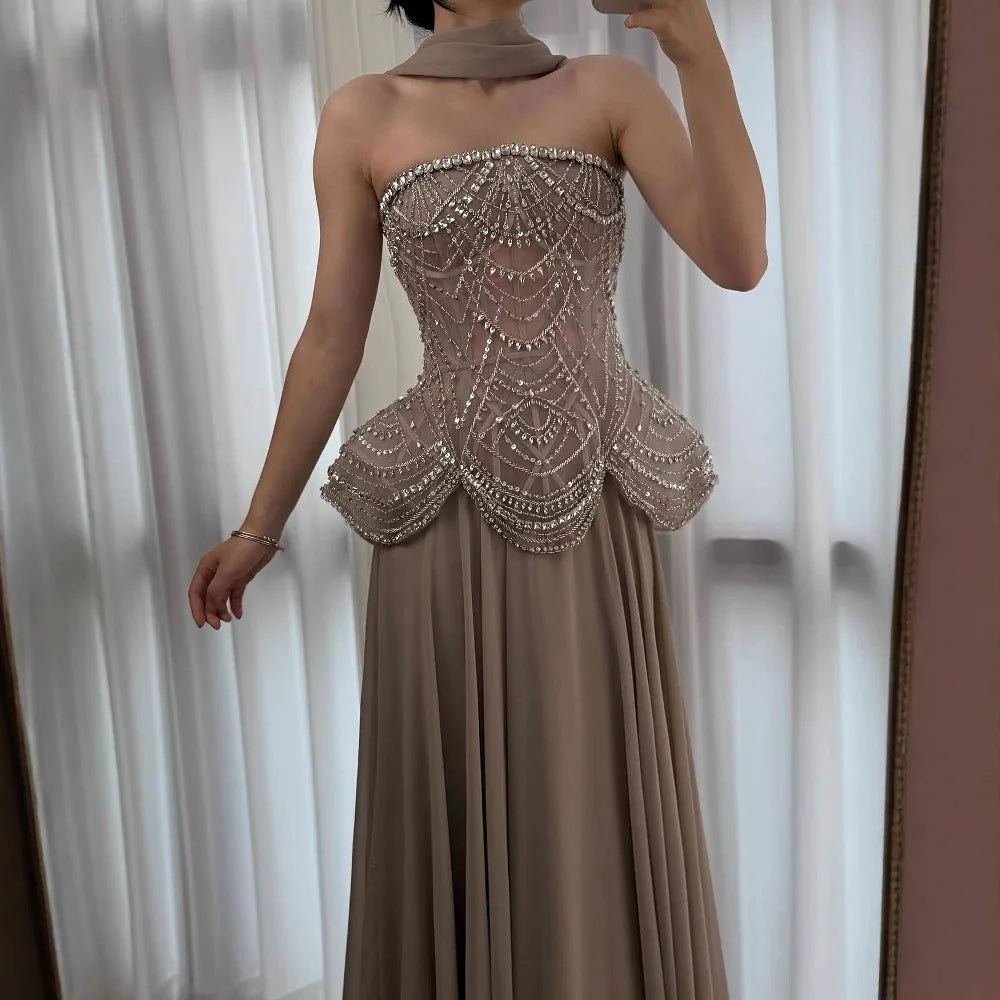 Luxury Designer Nude Beaded Chiffon Evening Dress LA72915 - SERENE HILL