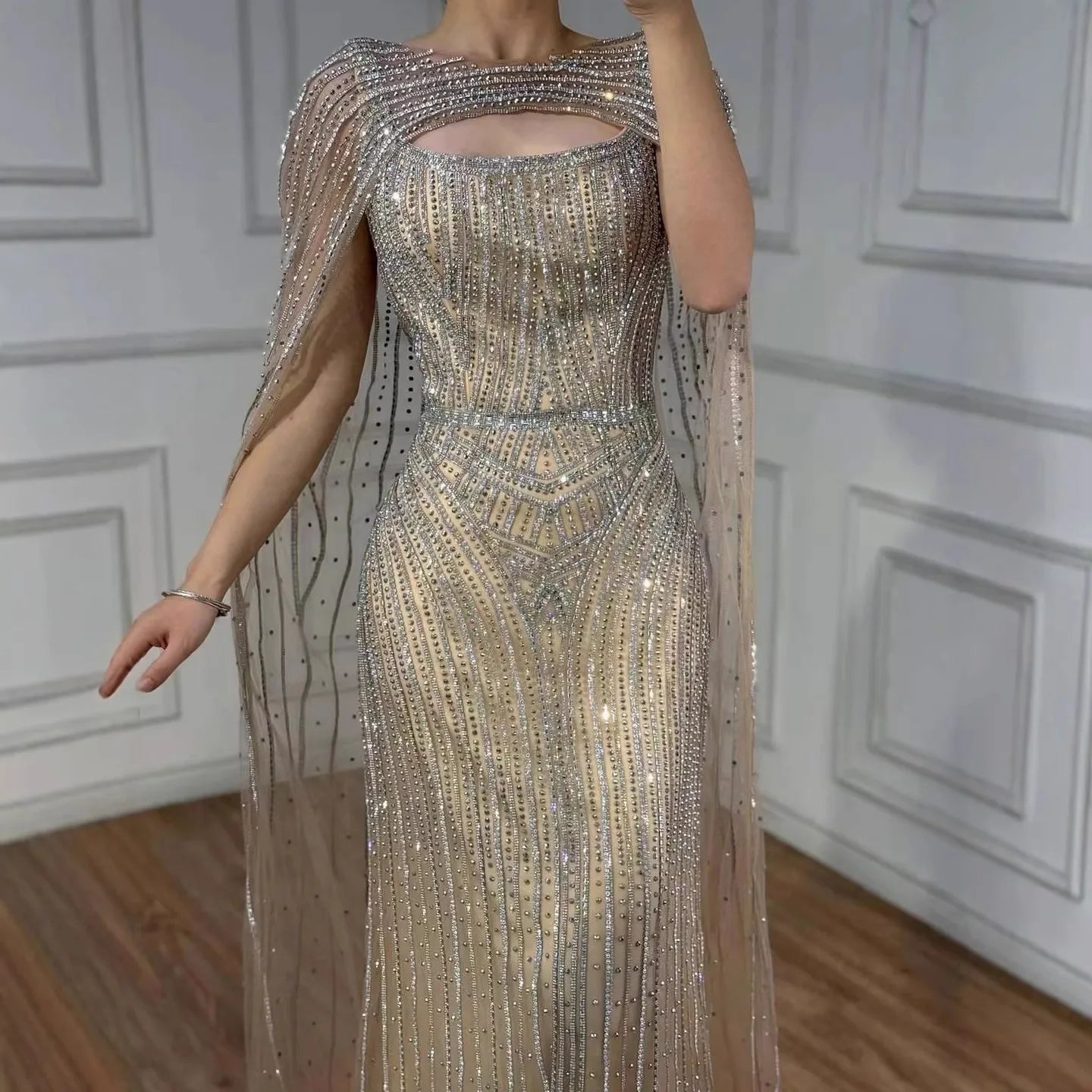 Luxury Blue Diamond Evening Dress With Cape LA73426 - SERENE HILL