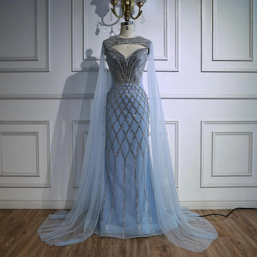 Luxury Nude Beaded Mermaid Evening Dress with Cape LA72814 - SERENE HILL