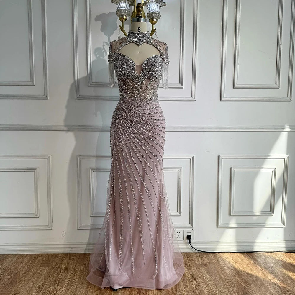 Luxury Pink Beaded Tassel Mermaid Evening Dress Long Gown LA73184 - SERENE HILL