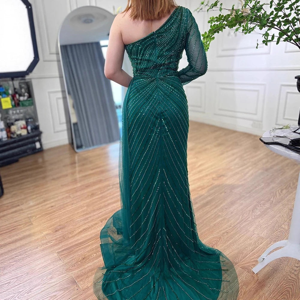 On Sale no return no refund Serene Hill Green One Shoulder Mermaid Split Open Evening Dresses Beaded Sexy Party Gowns 2025 For Women LA72046 - SERENE HILL