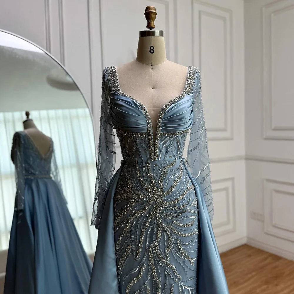 Luxury Muslin Blue hijab Evening Dress With Long Sleeves LA72963 - SERENE HILL
