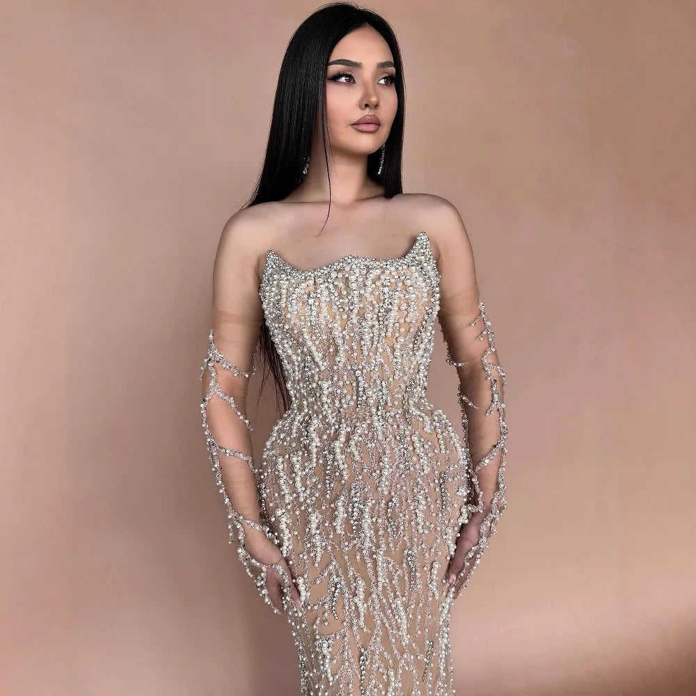 Luxury Nude Pearl Beaded Mermaid Evening Gown with Gloves LA72345C - SERENE HILL
